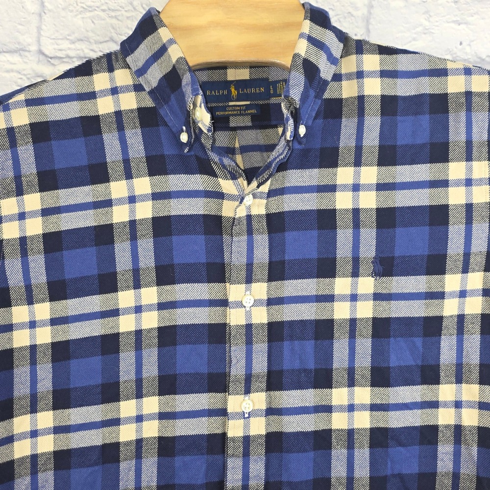 Ralph Lauren Mens Blue Plaid Performance Flannel Custom Fit Button Shirt‎ Large